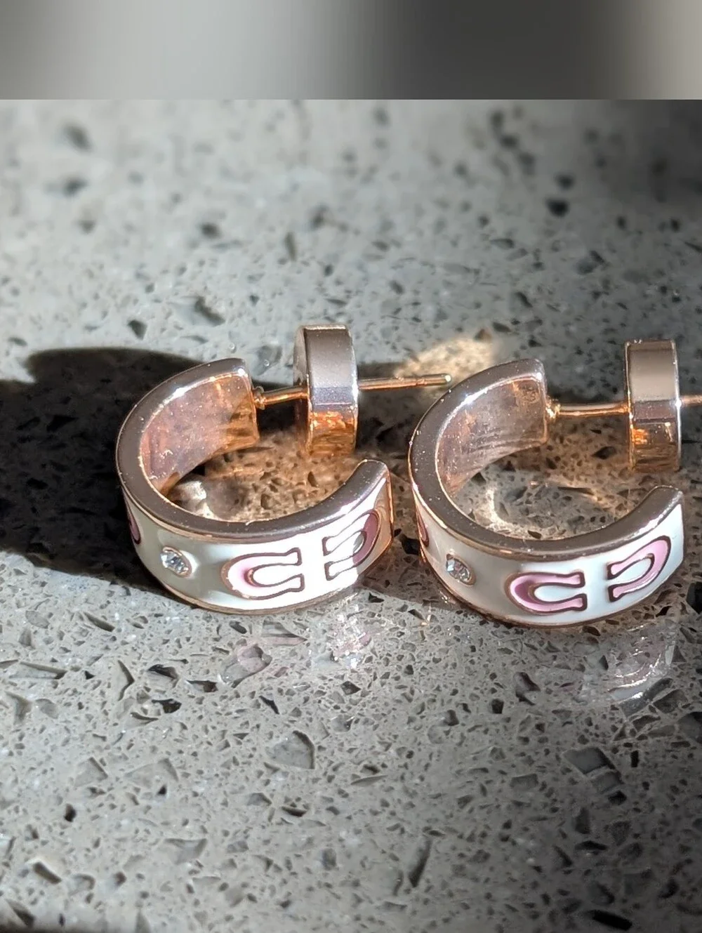 Coach Pink and White Enamel Hoop Earrings with Crystal Accent Nwot - Picture 4 of 7